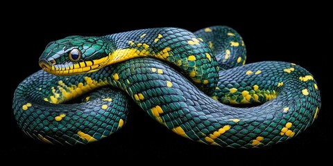 Chrysopelea ornata is a striking colubrid snake characterized by its vibrant green color, distinctive black cross hatching, and beautiful yellow or gold accents. The Chrysopelea ornata captivates with