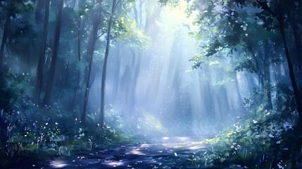 Sunlit Path in a Blue Forest: A Dreamlike Landscape