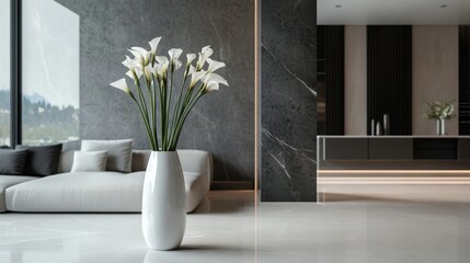 Contemporary interior featuring a stylish ceramic vase filled with Papyrus flowers, enhancing the modern decor and creating a chic ambiance in the space with the elegance of Papyrus flowers.