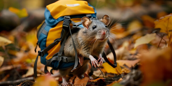Rat hiking with backpack and gear in the wilderness
