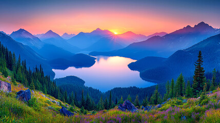 Obraz premium Majestic sunrise over a serene mountain lake.