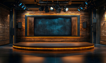 A modern stage setup with wooden walls and ambient lighting, ready for presentations or performances.