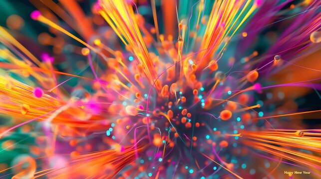 A vibrant display of starburst fireworks in neon colors, with a bold "Happy New Year" text overlay.