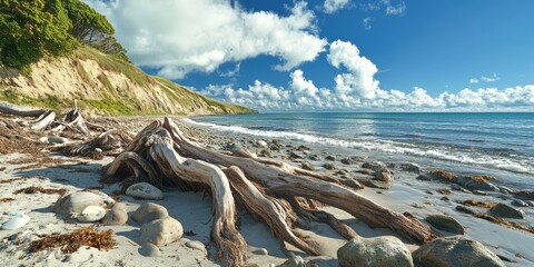 Obraz premium Driftwood roots scattered along a serene beach create a mesmerizing natural landscape. The driftwood roots enhance the coastal scenery, inviting reflection on nature s beauty.