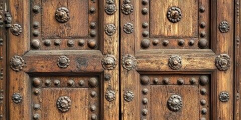 Close up view of a vintage wooden door showcasing intricate details and textures, highlighting the beauty of a wooden door that embodies ancient craftsmanship and rustic charm.