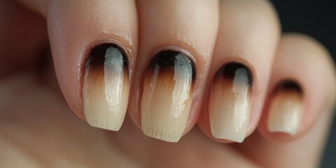 Fingers display a noticeable burn scar, showcasing the impact on nail appearance. The ruined nail polish highlights the condition of the bad nails, emphasizing their distressed state.