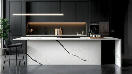 Modern Kitchen Design: Black Cabinets and White Marble Island