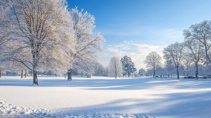 Fototapeta premium Soft snow blankets the ground, creating a serene scene with trees in the background. This tranquil setting showcases the beauty of soft snow and its enchanting presence among the trees.
