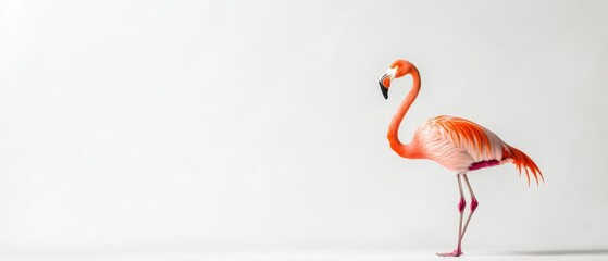 a single flamingo stands against a white background