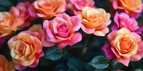 Obraz premium Close up of vibrant orange and pink artificial roses, perfect for enhancing wedding decor and creating beautiful floral arrangements with lifelike appearance. Ideal for celebrations and decorations.