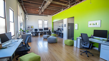Modern Open Plan Office with Green Wall and Wooden Floor