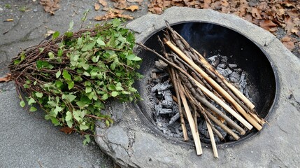A tidy bundle of kindling and small branches next to a fire pit, ready to start a cozy campfire