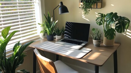 Fototapeta premium Sunlight Drenched Home Office Workspace with Lush Greenery