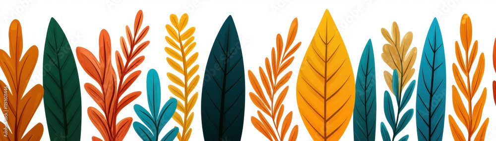 Poster a vibrant array of stylized leaves in various colors, showcasing a blend of autumn hues and botanica