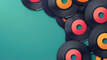 Retro vinyl records stacked in a corner against a teal background.
