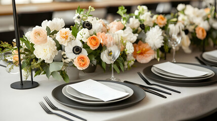 Elegant Wedding Table Setting with Peach and White Flowers