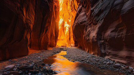 Fototapeta premium Majestic Canyon Landscape: A Serene River Flows Through Vibrant Red Rocks
