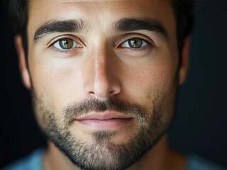 Fototapeta premium A detailed close-up portrait of a man in his 30s with stubble, highlighting his distinct facial features and expressive emotions.