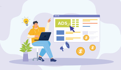 An illustration depicting digital ads campaign planning, featuring a digital dashboard with key components such as audience segmentation, budget allocation, ad creatives.