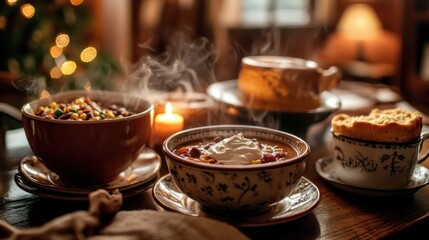 Fototapeta premium Cozy Winter Dinner: Warm Chili, Cornbread, and Festive Ambiance