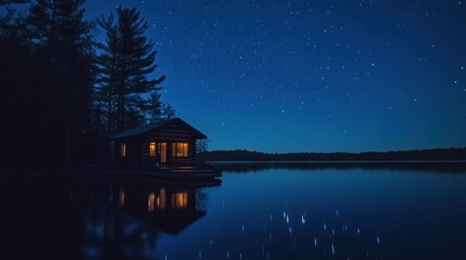 Fototapeta premium Secluded Cabin by the Lake Under a Starry Night