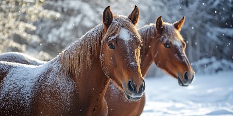 Close up images of horses in winter, dressed in coats to stay warm. These winter scenes illustrate horses enjoying a snowy morning in a chilly field. Horses thrive even in cold conditions.