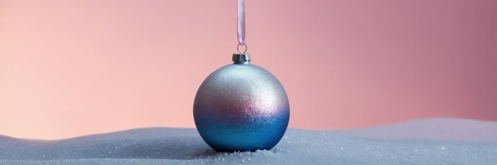 Blue and pink bauble laying on white snow