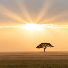 Savanna sunrise vast landscape with sunburst sky and solitary tree warm nature setting breathtaking viewpoint