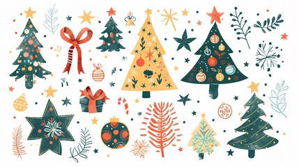Festive Christmas Decorations Pack with Doodle Xmas Tree and Stars