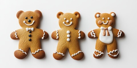 Gingerbread Cookies shaped like a bear, man, and woman are festive holiday treats displayed in a bakery setting. The top view showcases these delightful creations against a white backdrop.