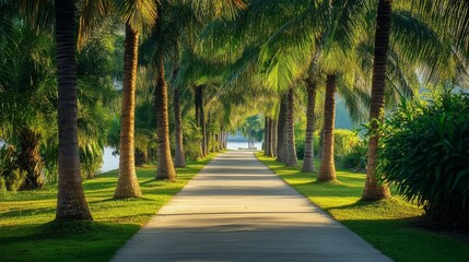 Obraz premium Coconut trees line a scenic concrete pathway in a tranquil park, creating a serene atmosphere for visitors. Enjoy the beauty of the coconut trees as you stroll along the concrete pathway.
