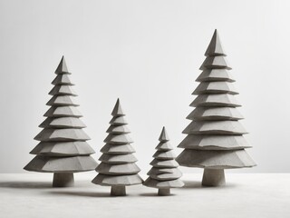 Fototapeta premium Four concrete Christmas tree decorations stand on a white surface