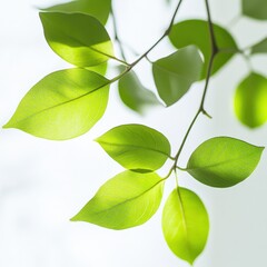 Naklejka premium Green leaves on a branch, backlit with sun light