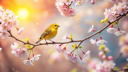 Serene springtime scene A small yellow bird perched delicately on a blossoming branch, bathed in warm sunlight.