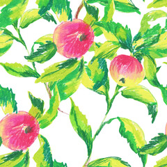 Apples with green leaves wax crayons seamless pattern on white isolated background. Textural and botanical repeating pattern. Design for textiles, wrapping paper and wallpaper.