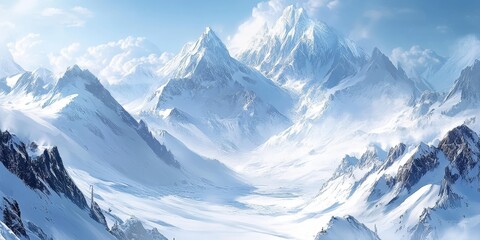 Naklejka premium Majestic snowy mountains create a breathtaking winter landscape, inviting adventure enthusiasts to explore the stunning beauty of snowy mountains during the chill of winter.