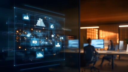 A tech-savvy office with employees engaging in remote and on-site collaboration, featuring advanced communication tools