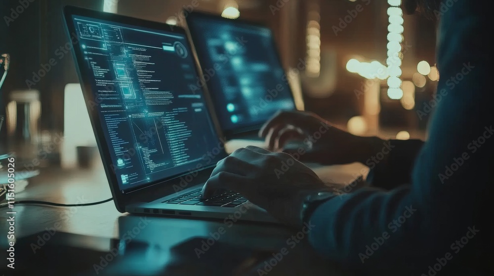 Poster innovative it specialists collaborating on software development project with tech holograms displayi