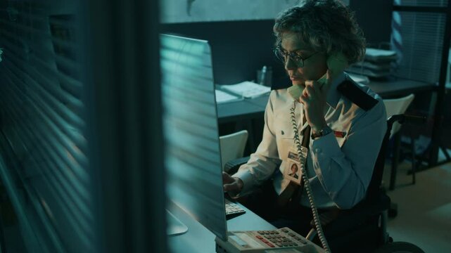 Medium shot of female military officer with disability, in wheelchair working on computer in command center during night shift, talking on landline phone while reporting to commander