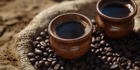 Fototapeta premium Ethiopic hot coffee served in a cup, accompanied by dark coffee beans, showcases the rich flavors and aromas of Ethiopia s coffee traditions with a focus on Ethiopian coffee culture.