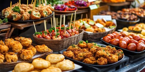 Obraz premium Savory finger food available at a vibrant market, showcasing an array of delicious finger food options that entice your taste buds and elevate any culinary experience with delightful flavors.