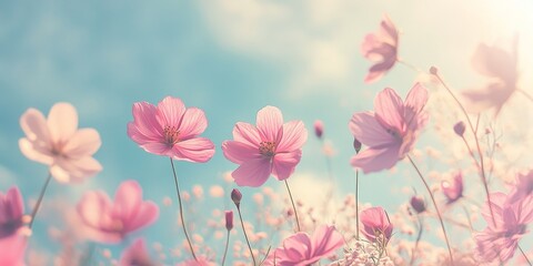 Obraz premium Delicate pink flowers gently sway against a serene sky backdrop, creating a beautiful contrast with the vibrant hues of nature. Enjoy the captivating beauty of pink flowers in this tranquil scene.