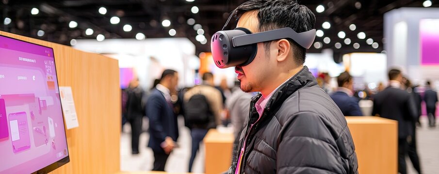 Consumer Electronics Show concept. A person experiences virtual reality technology at an exhibition, wearing a VR headset and interacting with a display in a bustling environment.