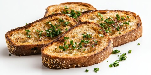 Brown bread toasts served with a savory garlic sauce, presented on a clean white background, highlighting the enticing combination of flavors found in the brown bread toasts.