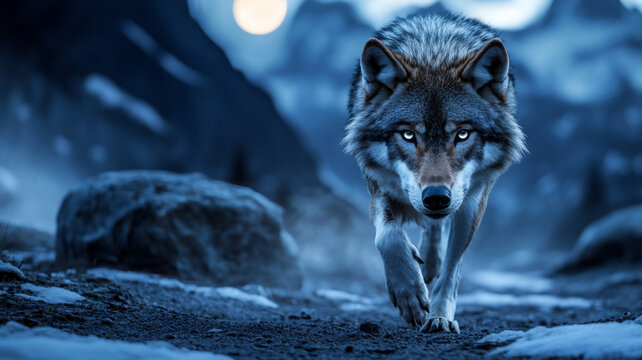 running wolf during midnight in a mountain with a eye-level angle 