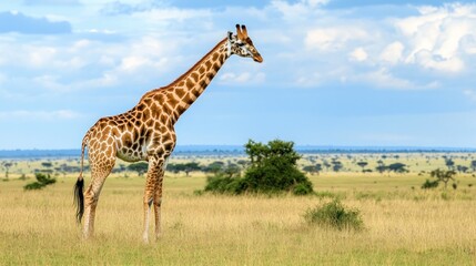 Fototapeta premium Giraffe in the African Savanna under a Cloudy Sky