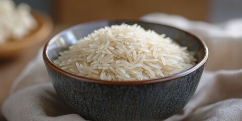 Basmati rice showcased in a bowl, featuring a close up view of raw basmati long grain rice. The allure of basmati rice captivates with its unique texture and flavor.