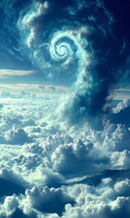 Swirling clouds create a mesmerizing spiral pattern in the blue sky above a vast landscape
