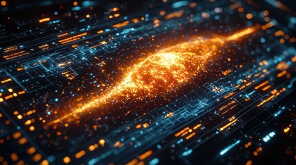 A vibrant futuristic dashboard displaying digital data streams with glowing particles and intricate lines, showcasing advanced technology concepts.