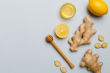 Natural cold and flu home remedies. Natural ingredients for immunity stimulation and viruses protection. top view flat lay